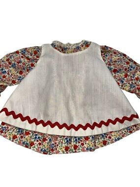 Vintage 70’s Doll 2 Piece Apron Dress Floral Pattern White Overlay Red RicRac